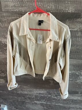 Windsor Cream Jean Jacket with Silver Fringe Chains